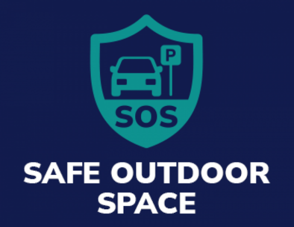 Safe Outdoor Space graphic with car and parking symbol inside a shield