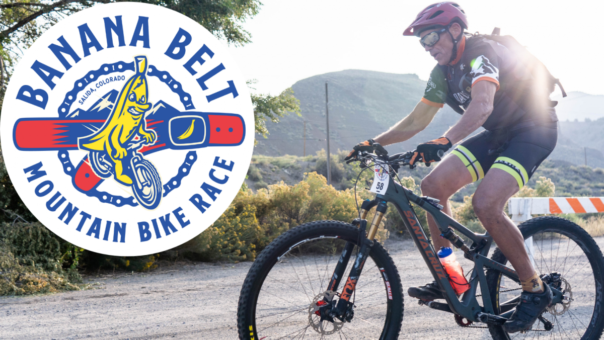 Banana Belt Mountain Bike Race Salida Bike Fest 2021, mountain biker with banana belt race logo.