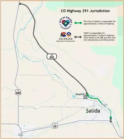 Map of City of Salida picturing the highway devolution