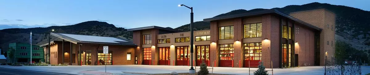 Illuminated dusk view of the new Salida Fire Department.